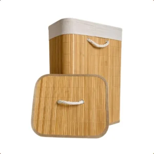 Cesto de Roupa Bambu Retangular de 72L com Tampa e Forro de Linho - Imagem 1