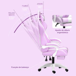 Cadeira Gamer Python Fly Lilás Rosa com Orelhinhas de Coelho Reclinável - Imagem 3