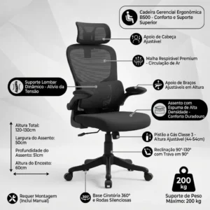 Cadeira Escritório Ergonômica Genebra B500 Luvinco Cor Preto Com Suporte Lombar Estofado Mesh - Imagem 3