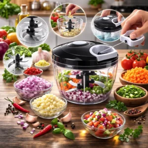 Triturador de Alimentos Manual 900ml com 5 Lâminas Inox – Picador de Cebola Alho Legumes e Temperos Pétalas Douradas Fatiador Cortador - Imagem 5