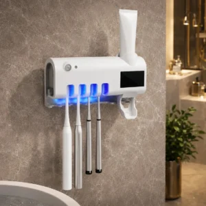 Dispenser Pasta De Dente Com Porta Escova Suporte De Parede Para 4 Escovas Branco Esterilizador Uv Ligeiro - Imagem 1
