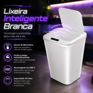 Lixeira Inteligente Automática Smart 16l Branco Recarregável Sensor Banheiro Cozinha Moderna - Imagem 1