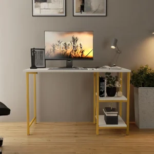 Mesa Escrivaninha Office Estudo Estilo Industrial Klm Store. Cor Dourado com Off White - Imagem 1