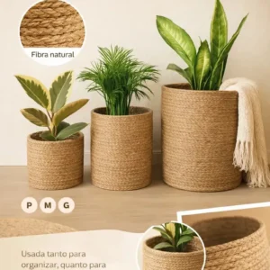 3 Cestos Organizador Rusticos Decoração Sala Quarto Liso Vaso Cachepot Palha Natural P M G Decora Ambiente Boho Cesta Com Proteção Multiuso Organização Decorativo Plantas Artificiais Ou Naturais - Imagem 4