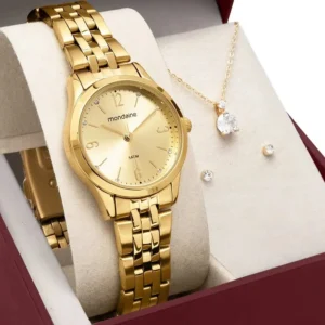 Kit Relógio Mondaine Pequeno Dourado E Colar De Cristal 32720lpmkde1k1 - Imagem 1