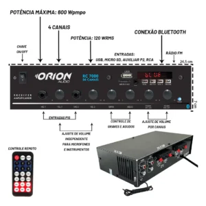 Amplificador Som Ambiente Bluetooth USB FM 4 Canais 125W RMS Receiver P/ Igreja Loja Restaurante Consultório RC7000BT Bivolt - Imagem 4