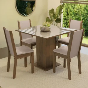 Sala De Jantar Mesa Tampo De Vidro 4 Cadeiras Tifani Madesa Cor Rustic/Crema/Sintético Bege XMMDJA040165 - Imagem 1