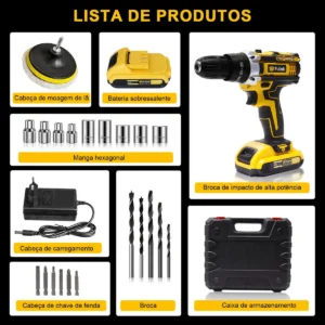 Parafusadeira Furadeira Impacto Fulink Profissional Fk-80pt 2 Baterias Com Maleta 60Hz Amarelo - Imagem 5