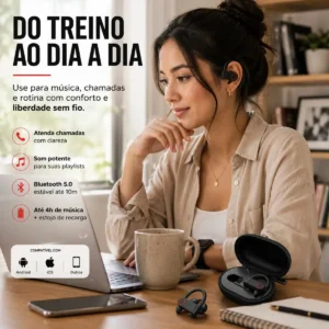 Fone De Ouvido Bluetooth Sem Fio Tws Esportivo Compatível Com iPhone Samsung Xiaomi Motorola Celular Android Academia Caminhada Esporte Tipo Gancho Preto Boyu Cell - Imagem 6