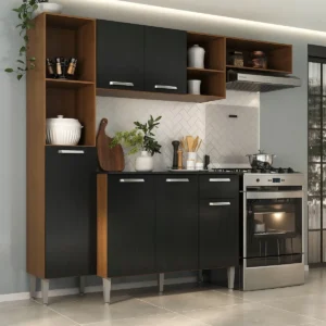 Armário De Cozinha Compacta Smart Multimóveis Mp2183 Cor Madeirado/Preto - Imagem 1