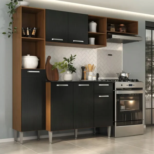 Armário De Cozinha Compacta Smart Multimóveis Mp2183 Cor Madeirado/Preto