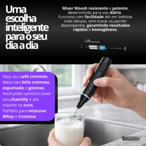 Mixer Elétrico Portátil 2 em 1 Recarregável Potente Misturador de Bebidas e Ovos 3 Velocidades Usb Batedor e Fue Fouet Marca Woosh - Imagem 7