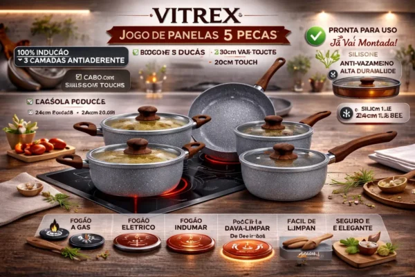Jogo 5 Panelas Bologna Indução Cerâmica Cinza Vitrex Premium