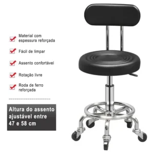 Cadeira Mocho Giratória :ideal Para Tatu Estúdios&beleza Preto Couro Sintético - Imagem 3