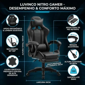 Cadeira De Escritório Gamer Nitro Ergonômica Estofado Couro Sintético Reclinável Altura Ajustável Apoio Para Pés Cor Preto Luvinco - Imagem 3