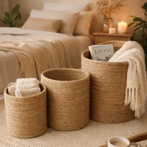 3 Cestos Organizador Rusticos Decoração Sala Quarto Liso Vaso Cachepot Palha Natural P M G Decora Ambiente Boho Cesta Com Proteção Multiuso Organização Decorativo Plantas Artificiais Ou Naturais - Imagem 1
