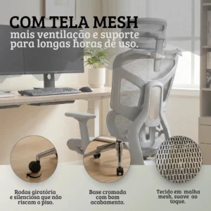 Cadeira Escritório Ergonômica Presidente Rija Diamond Cinza Tela Mesh - Imagem 7