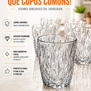 Jogo 6 Copos Diamond 300ml Vidro Grosso Diamante Egipcio Luxo Moderno Resistente Buffet Casual Baixos Transparente - Nany Pink - Imagem 5