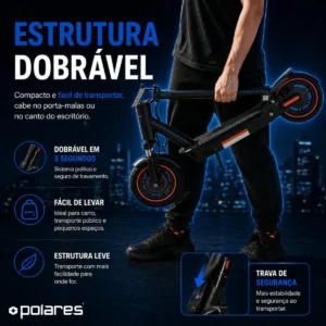 POLARES Z20PRO Patinete Elétrico Premium 500w Pneu Aderente Velocidade Máxima 32km/h Motorizado Até 30km De Autonomia Polares Cor Preto - Imagem 5