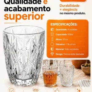 Jogo 6 Copos Diamond 300ml Vidro Grosso Diamante Egipcio Luxo Moderno Resistente Buffet Casual Baixos Transparente - Nany Pink - Imagem 6