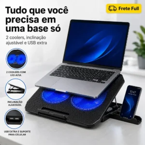 Suporte Notebook Dgx Base Mesa Led Refrigerada Ventilação 2 Cooler Silenciosa Cor Preto Led Azul - Imagem 5