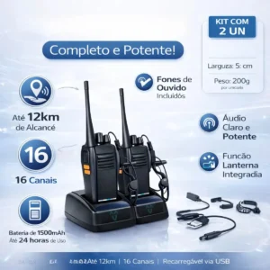 Walkie Talkie Rádios Comunicador KIT COM 2 Unidades Radinho walk talk COMPLETO Fone Microfone e Acessórios - Radio De Comunicação Longo Alcance Comunicação Segura Com 16 Canais - Imagem 6