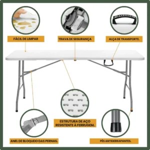 Mesa Dobrável Vira Maleta Com Alça Portátil 1.80m Para Camping Pesca Jardim Área Externa Ou Interna Salão De Festas Gourmet Cor BrancoLuvinco - Imagem 6