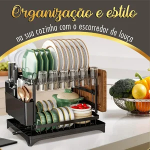 Escorredor De Louça Revestimento Inoxidável Com Porta Pratos Talheres Copos Com 360° Automática Drenagem 2 Andares Hiper Casa Megastore Preto - Imagem 5