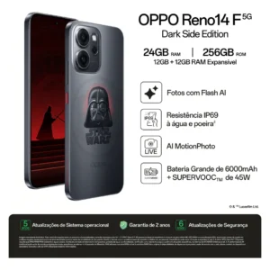 Smartphone Oppo Reno 14F 5G Dark Side Edition 256GB 24GB Ram (12GB + 12GB Virtual Ram) Bateria 6000 mAh Câmera AI 50MP NFC IP69 - Imagem 2