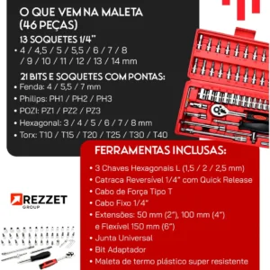 Kit Ferramentas Quicko 46 Peças com Soquetes e Chaves de Fenda, Catraca e Allen - Imagem 2