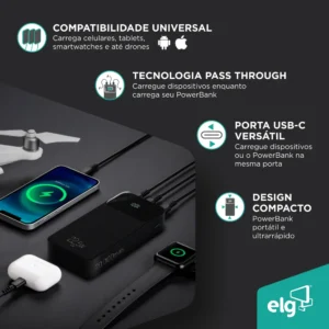 Power Bank Pro 20000mAH ELG PB200BK, Bateria Portátil Universal, Carga Rápida, Display Indicador, Entradas Micro USB e USB-C, 2 Portas USB-A, PD+QC3.0, Preto - Imagem 4