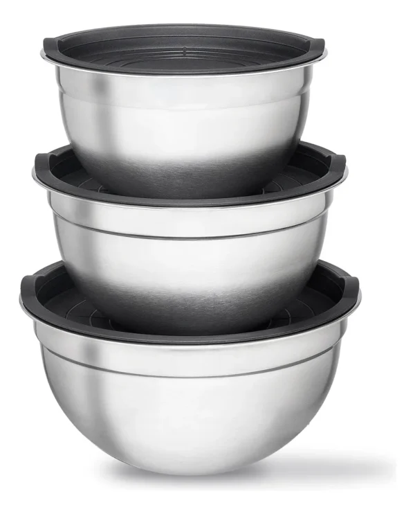 Conjunto De Bowls Tigela Inox Com Tampa Plástica Bumper Cinza