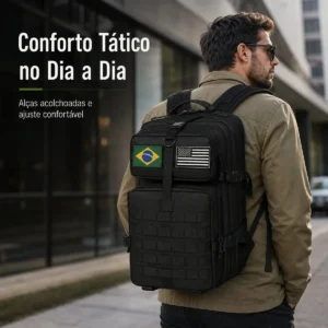 Mochila Tática Militar 50l Masculina Reforçada Impermeável Viagem Camping Pesca Com 2 Patchs Bandeiras Brasil Eua Preta Bagear - Imagem 3