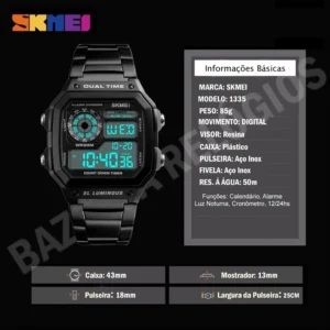 Relógio Skmei 1335 Masculino Digital de Aço Inoxidável com Alarme e à Prova D'água - Imagem 6