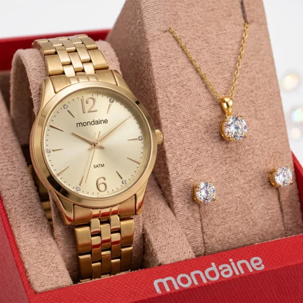 Relógio Mondaine Feminino Dourado Clássico com Semijoias Kit 32606lpmkde1k1