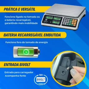 Balança Comercial 40kg Display Duplo Digital Hw Cálculo De Preço E Bateria Recarregável Para Mercado Cozinha Açougue - Imagem 6