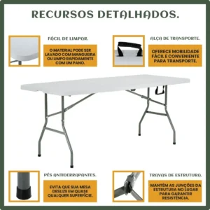 Mesa Dobrável Vira Maleta Com Alça Portátil 1.80m Para Camping Pesca Jardim Área Externa Ou Interna Salão De Festas Gourmet Cor BrancoLuvinco - Imagem 5