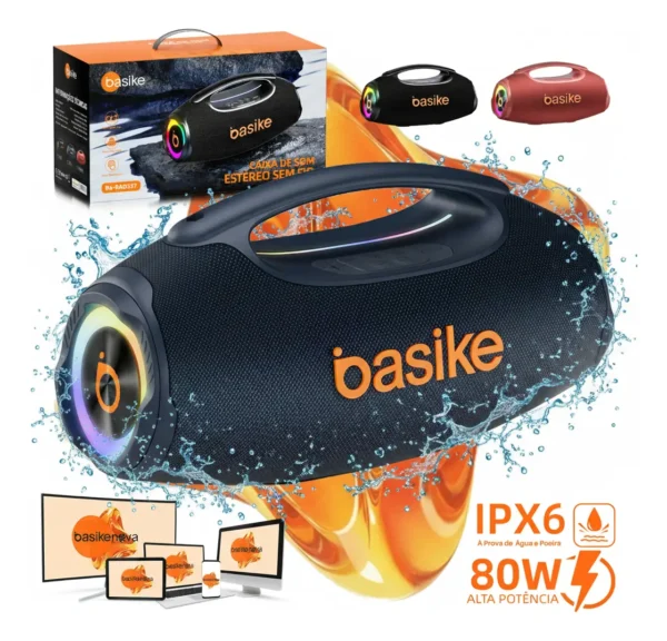 Caixa de Som Basike 80W Bluetooth Portátil com RGB e Bateria 10h