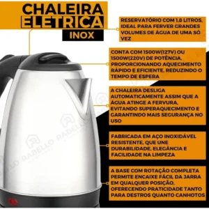 Chaleira Elétrica Rabello Home Shop Inox 1,8 Litros, Com Desligamento Automático e LED Indicador - Imagem 8