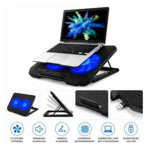 Suporte Base Refrigerada 2 Coolers Ventoinhas Resfriar Notebook Ventilação Silenciosa Ajustável Até 17 Pol Usb Cor Preto Led Azul - Imagem 1