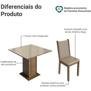 Sala De Jantar Mesa Tampo De Vidro 4 Cadeiras Tifani Madesa Cor Rustic/Crema/Sintético Bege XMMDJA040165 - Imagem 5