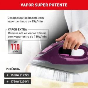 Ferro a vapor Arno Powergliss com base XGlide e vapor contínuo FPO1 - Imagem 3
