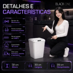Lixeira Inteligente Automática Smart 16l Branco Recarregável Sensor Banheiro Cozinha Moderna - Imagem 3