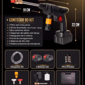 Lavadora Lava Jato Portátil de Alta Pressão Automotiva Sem Fio Hidrolavadora Recarregável com 2 Baterias + Maleta Completa Bivolt Hardline - Imagem 2