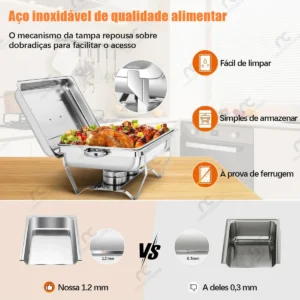 Rechaud Retangular 11l Aço Inox Banho Maria 3 Cubas Fogareir - Imagem 4
