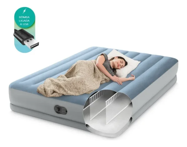 Colchão Inflável Casal Queen Com Bomba Embutida Usb Intex 64159 Azul