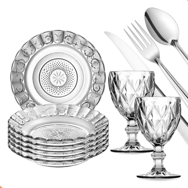Aparelho De Jantar 30 Peças - Pratos + Taças + Talheres Inox
