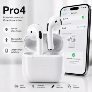 Fone De Ouvido Bluetooth Sem Fio Bateria de Longa Duração Pro 4 Branco Conecta Rápido Fast Plug Com Case Carregador E Microfone - Imagem 3
