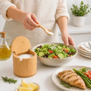 Saleiro De Bambu Com Tampa Com Colher Compacto Elegante Cozinha Marca Kururuá - Imagem 5