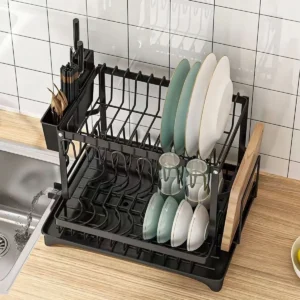 Escorredor De Louça Duplo Porta Pratos Copos E Talheres Preto - Imagem 3